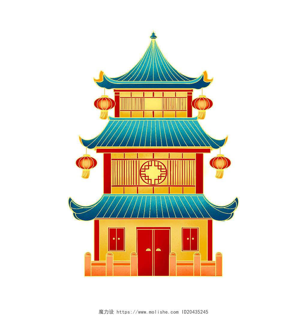 彩色中国风国潮风古风建筑房子国潮元素PNG素材
